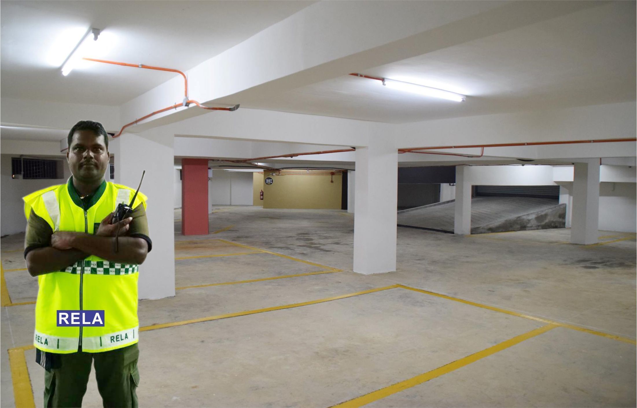 A parking garage with multiple levels and yellow parking lines.