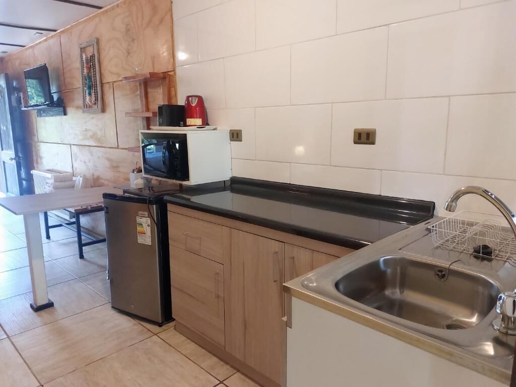 A modern kitchen with a built-in microwave, a refrigerator, and a sink.