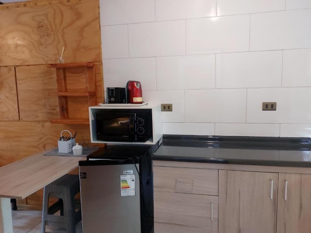 Eine Küche mit einer Mikrowelle, einem Kühlschrank und einem Holzschrank.