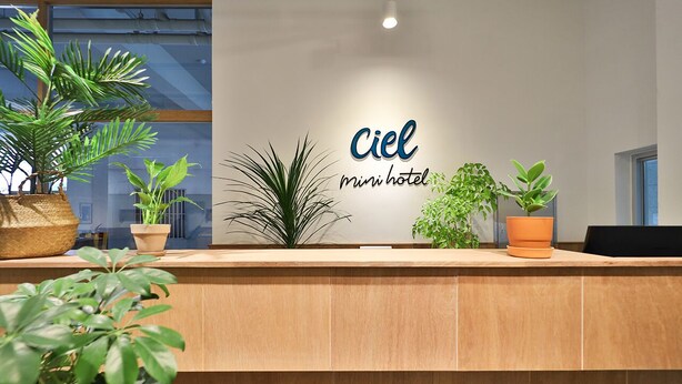 Una mesa de recepción con un letrero que dice "Ciel mini hotel" y varias plantas en macetas.
