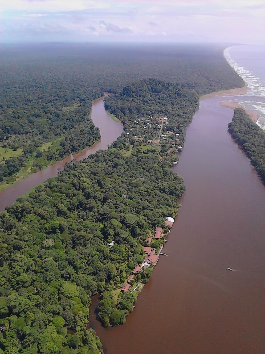An aerial view of a river winding through a densely forested area with a small settlement along the riverbank.