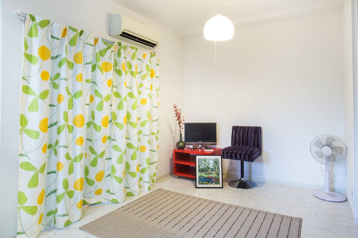 Une pièce avec un téléviseur posé sur un meuble rouge, un ventilateur, un tableau encadré et un rideau orné d’un motif de feuilles.