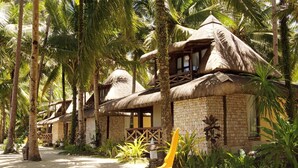 A row of thatched-roof cottages with a boat in the foreground, surrounded by palm trees. - Caluwayan Palm Island Resort (Marabut)