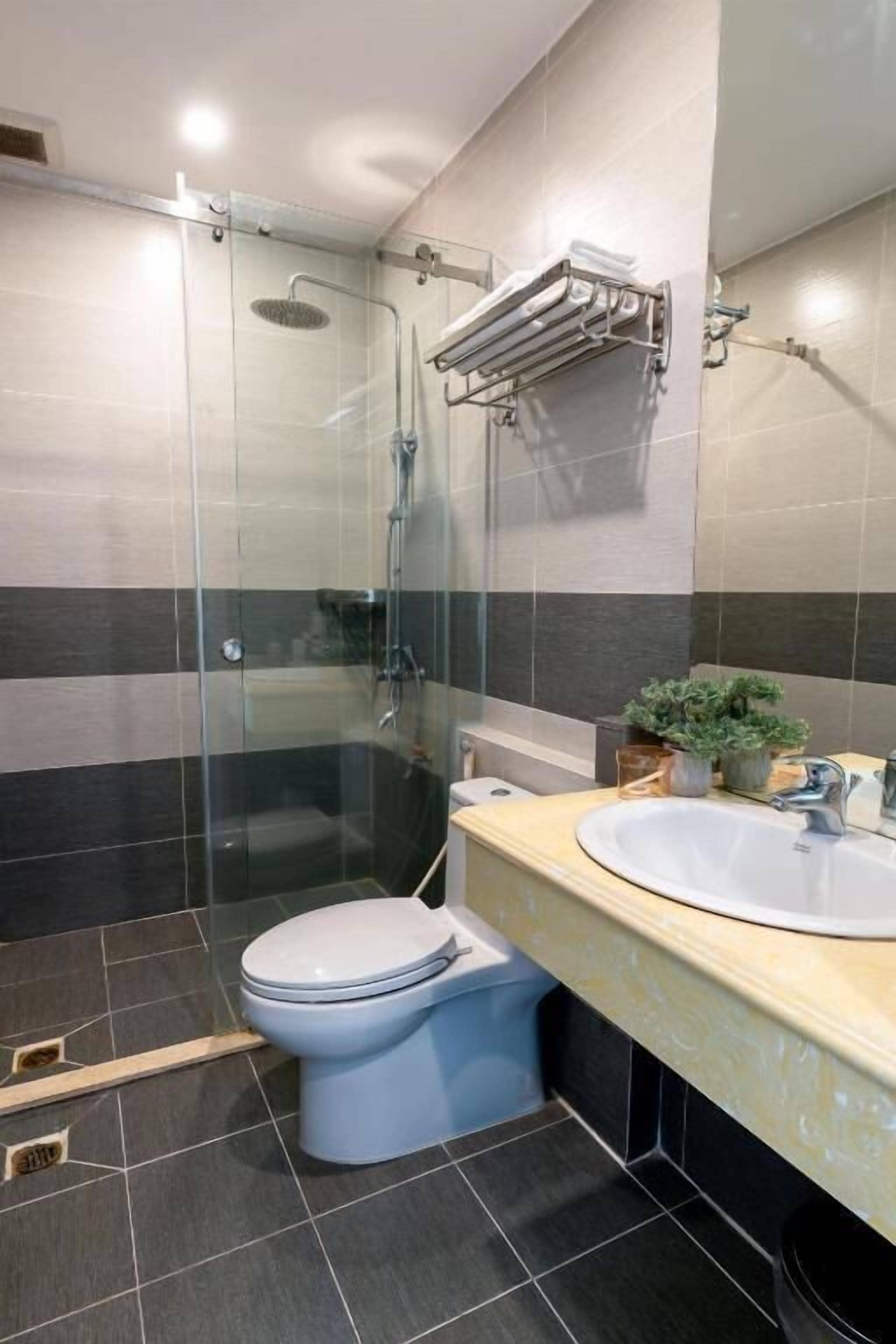 A modern bathroom with a glass-enclosed shower, a white toilet, and a beige vanity with a sink and mirror.
