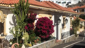 A building with a red-tiled roof, white walls, and a stone base. It features a cactus, bougainvillea, and a street lamp. - Entire apartment in Costa Adeje (Costa Adeje)