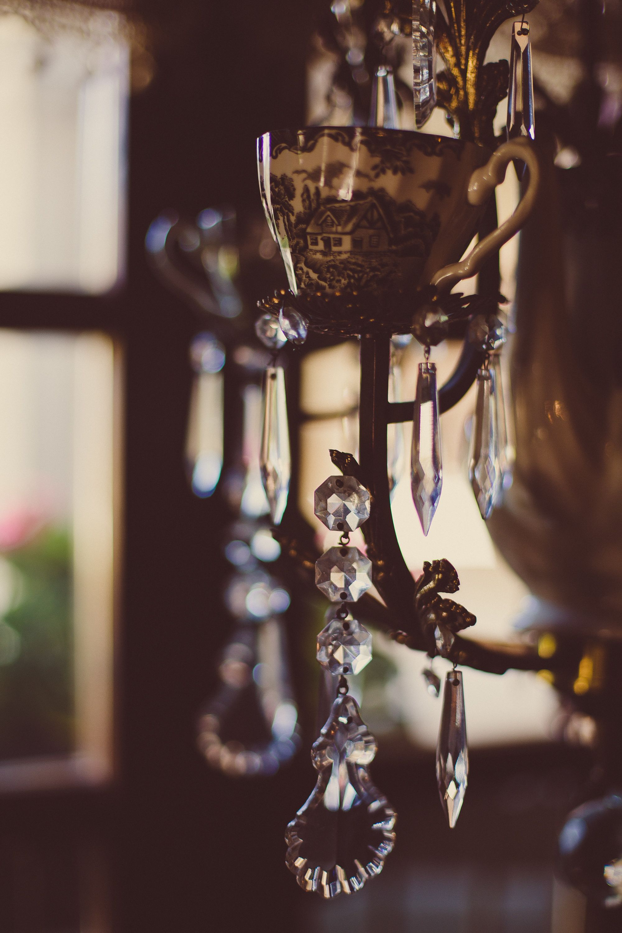 A chandelier with crystal decorations.