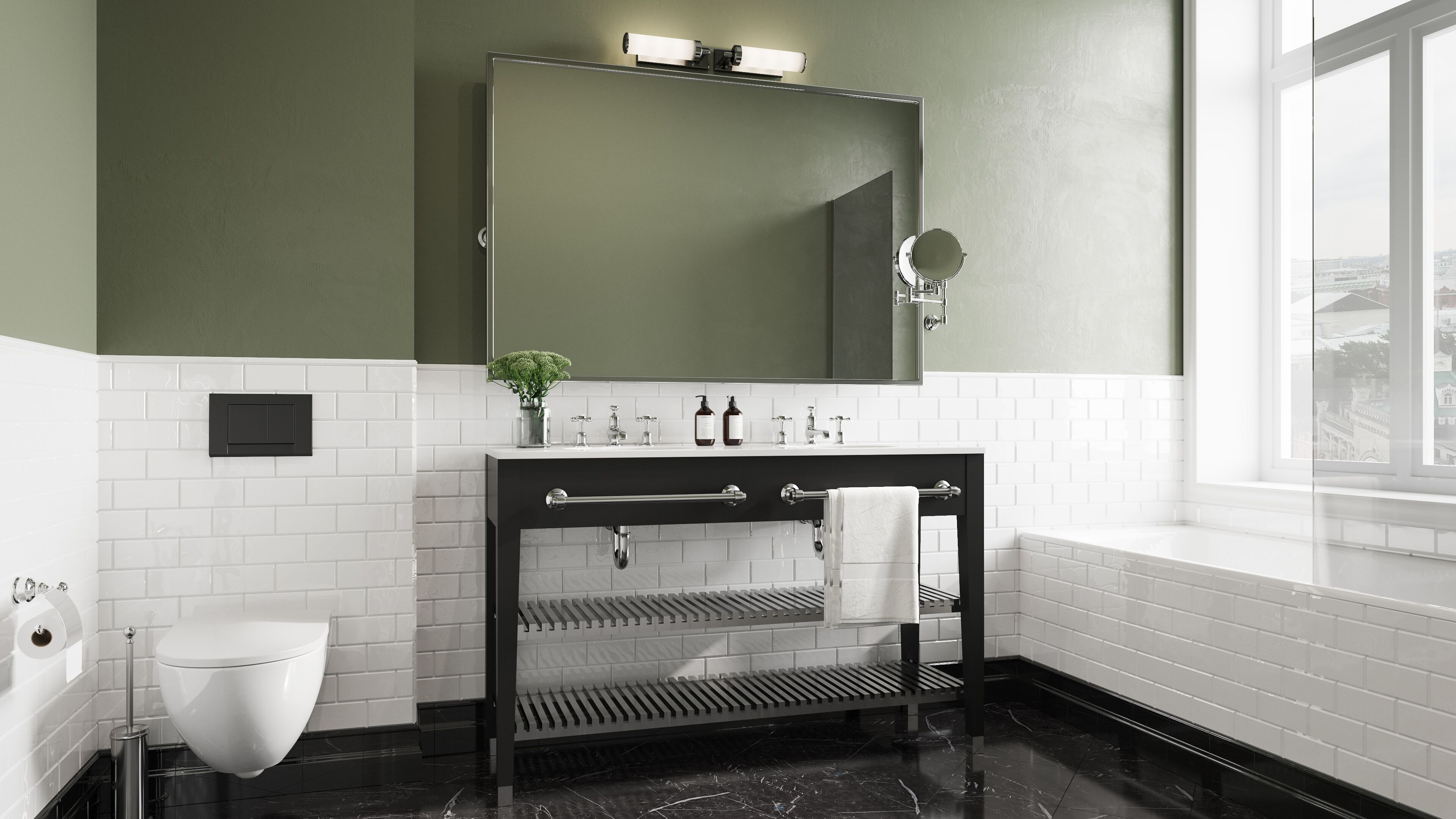 A bathroom with a black vanity, white tiled walls, a toilet, and a window with a view of buildings.