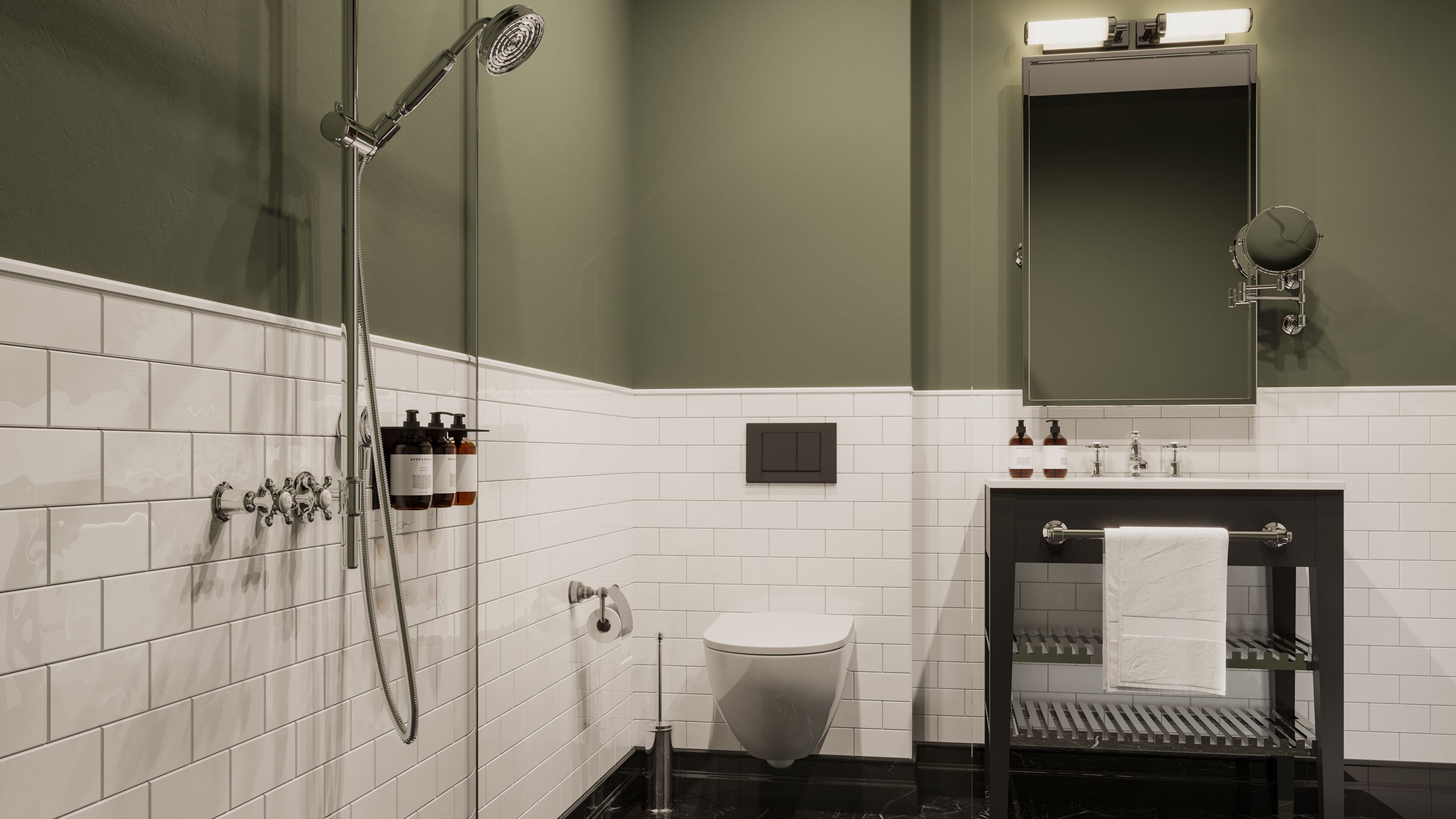 A modern bathroom with a shower, toilet, and sink.