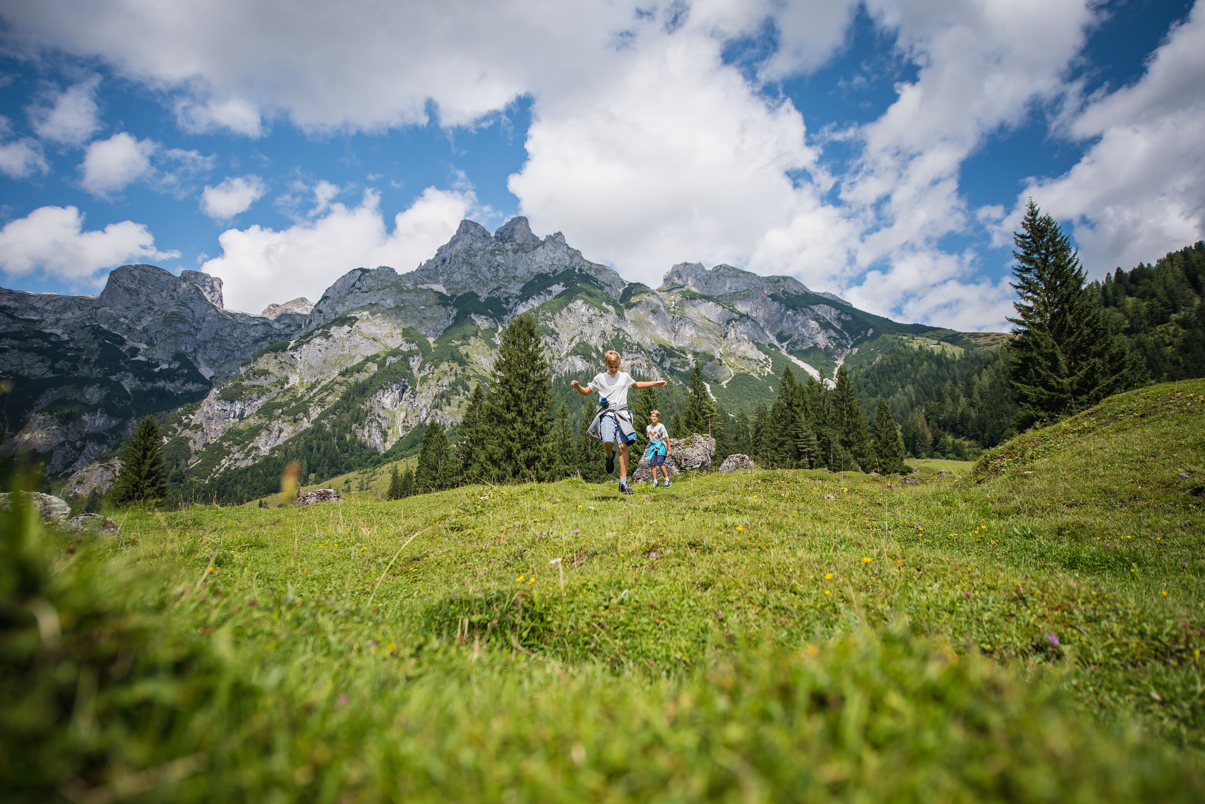 A person walking on a grassy hill with a mountainous backdrop.