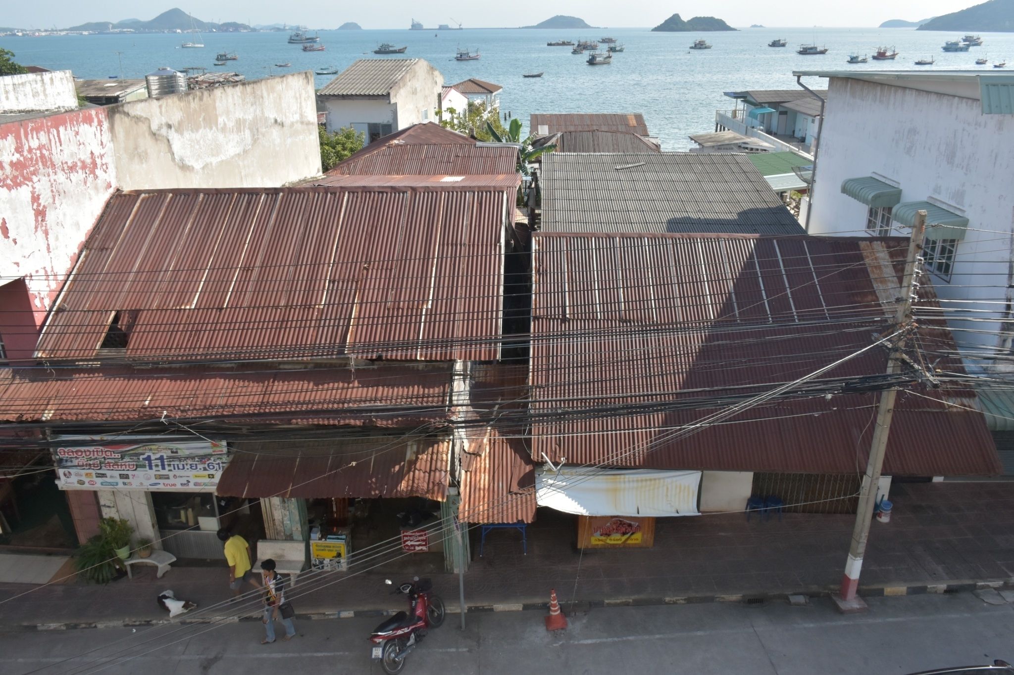 A coastal town with buildings featuring corrugated metal roofs, a visible street with pedestrians, and boats in the background.