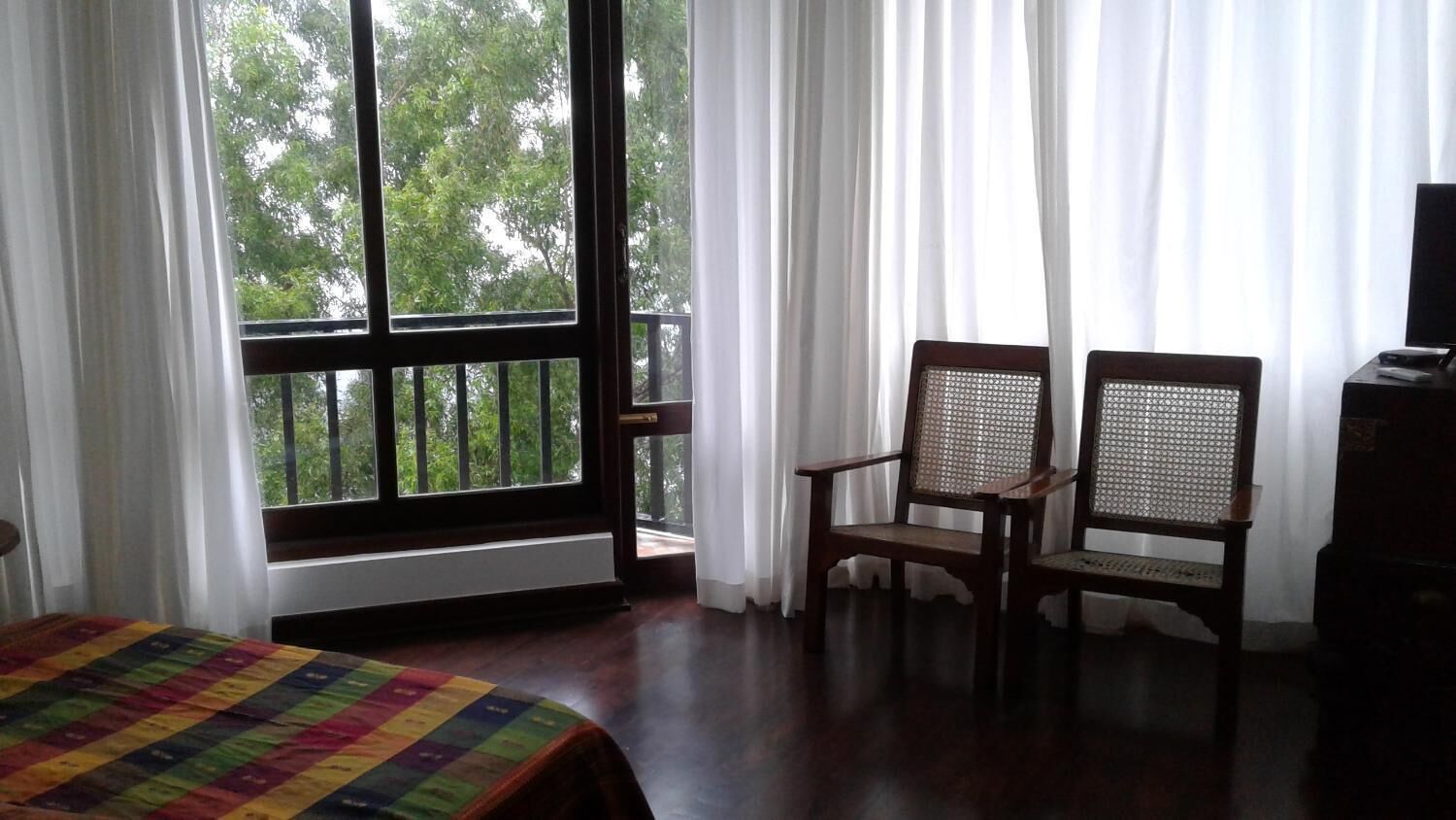 A room with a bed, two wooden chairs, a window with a view of trees, and a radiator.