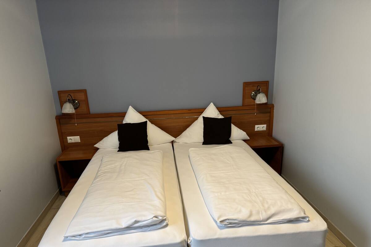 A twin room with two beds, wooden headboards, bedside lamps, and a light switch on the wall.