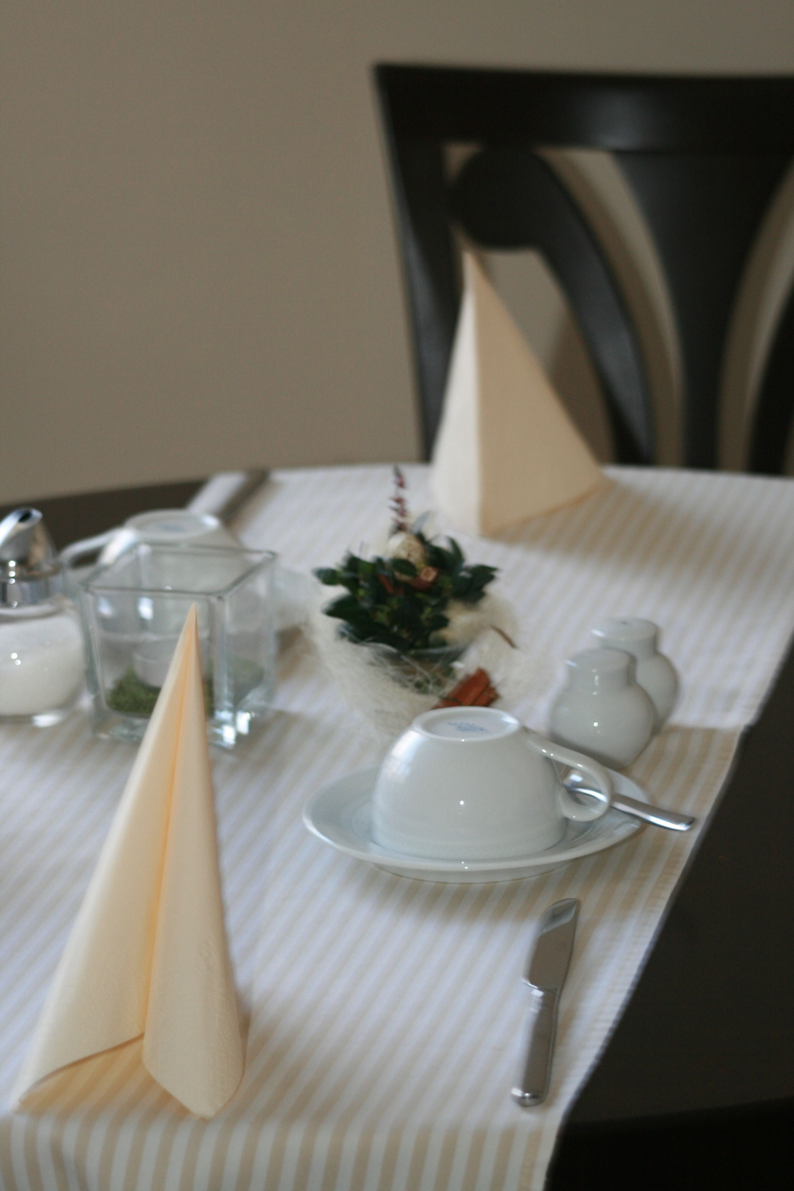 A dining table set with a white tablecloth, a small decorative plant, salt and pepper shakers, a white napkin cone, a knife, and a spoon.