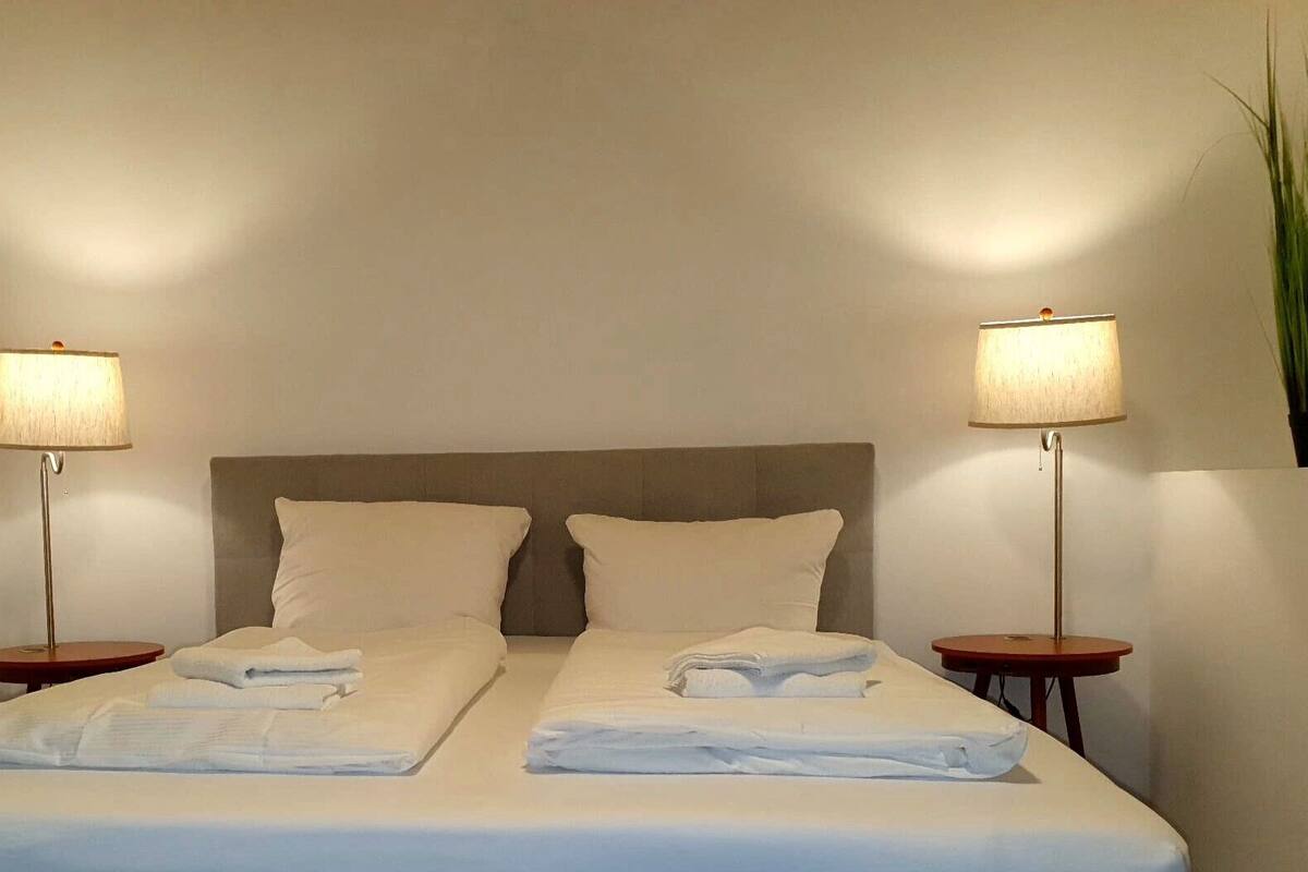 Una cama doble con dos almohadas, una mesita de noche con lámpara y una planta en la pared.