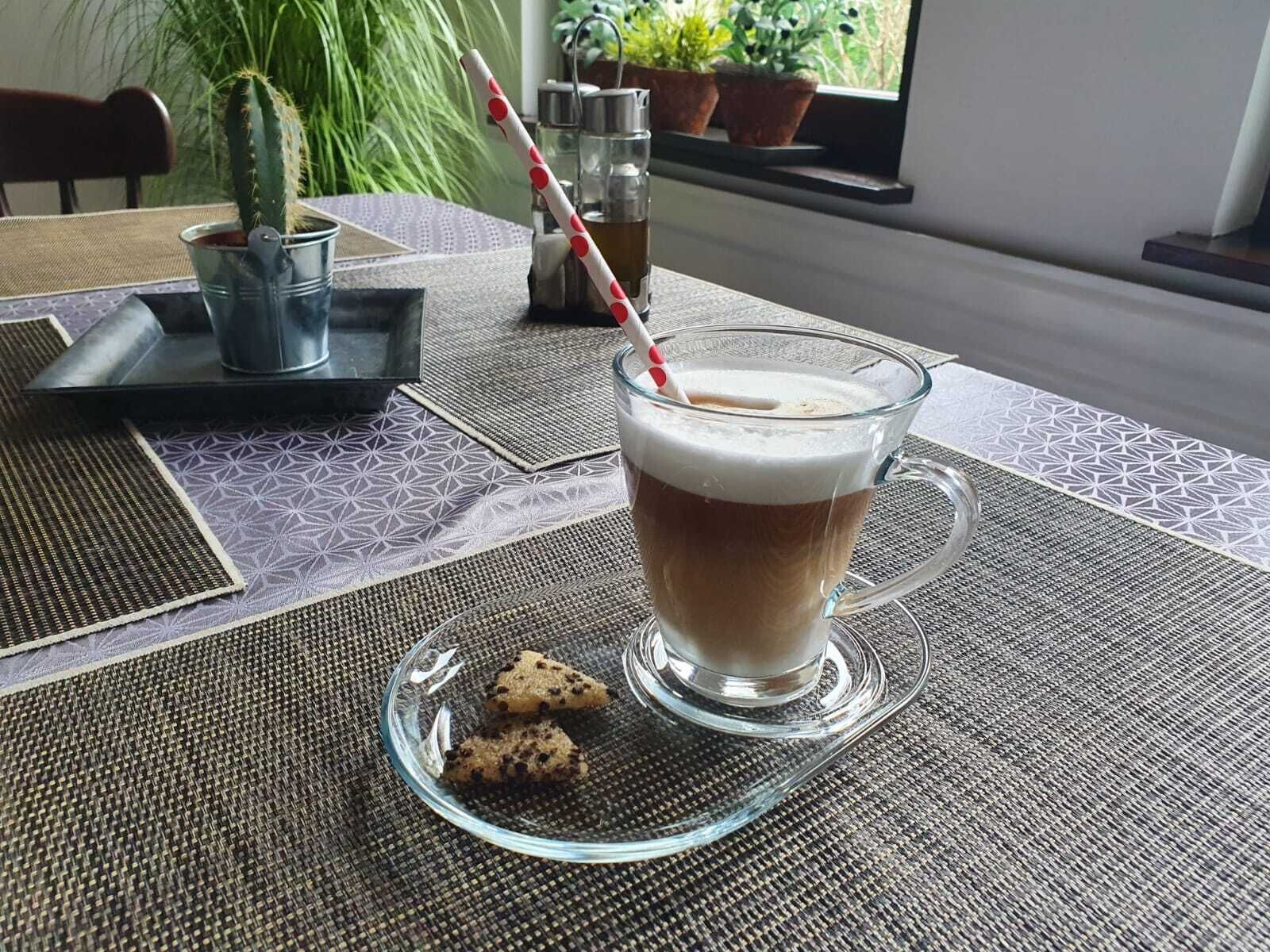 A glass mug of coffee with a red and white straw, a glass plate with cookies, and a cactus plant in the background.