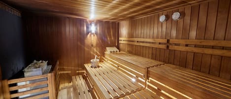 A sauna with wooden benches and a sloped ceiling.