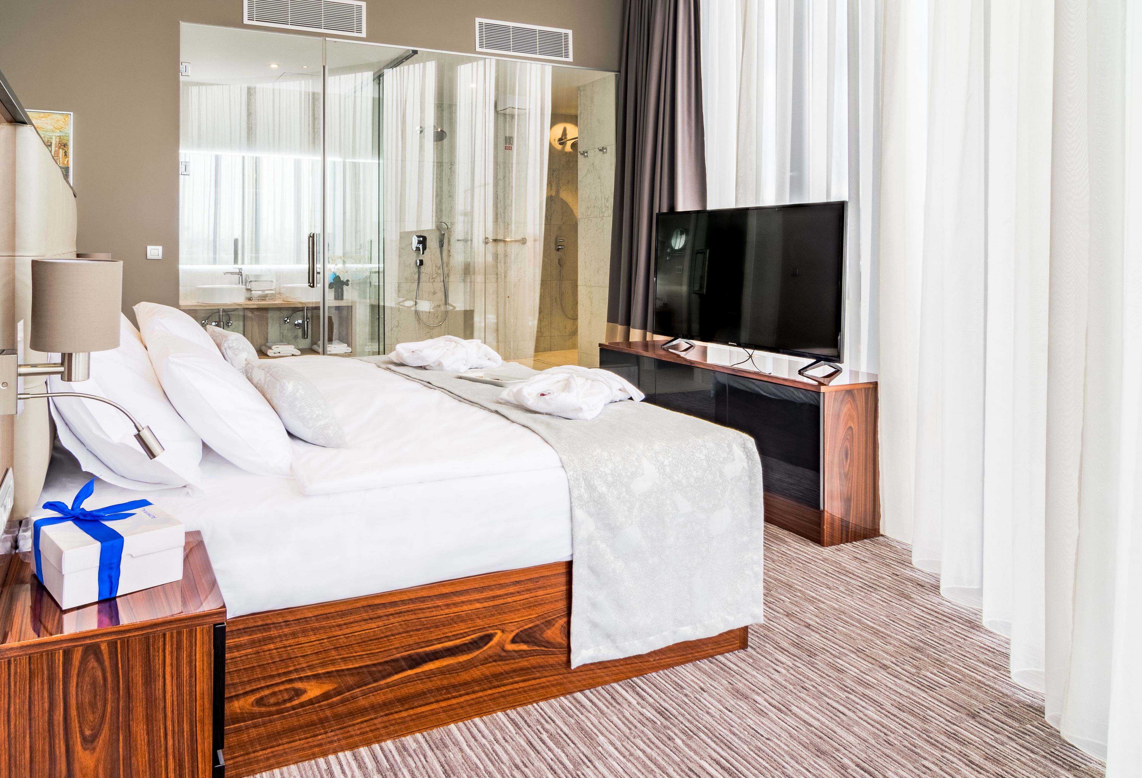 Une chambre d’hôtel comprenant un lit, une télévision, un espace douche et une salle de bain.