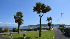 A coastal pathway with palm trees, a grassy area, and a view of the sea. - One Marine Place (Rothesay)