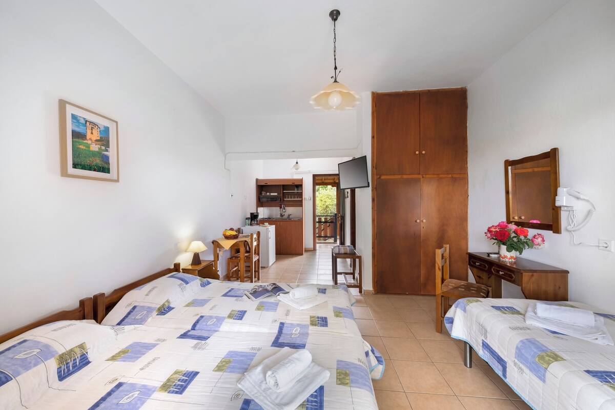A hotel room with two beds, a desk, a chair, a TV, and a wardrobe.