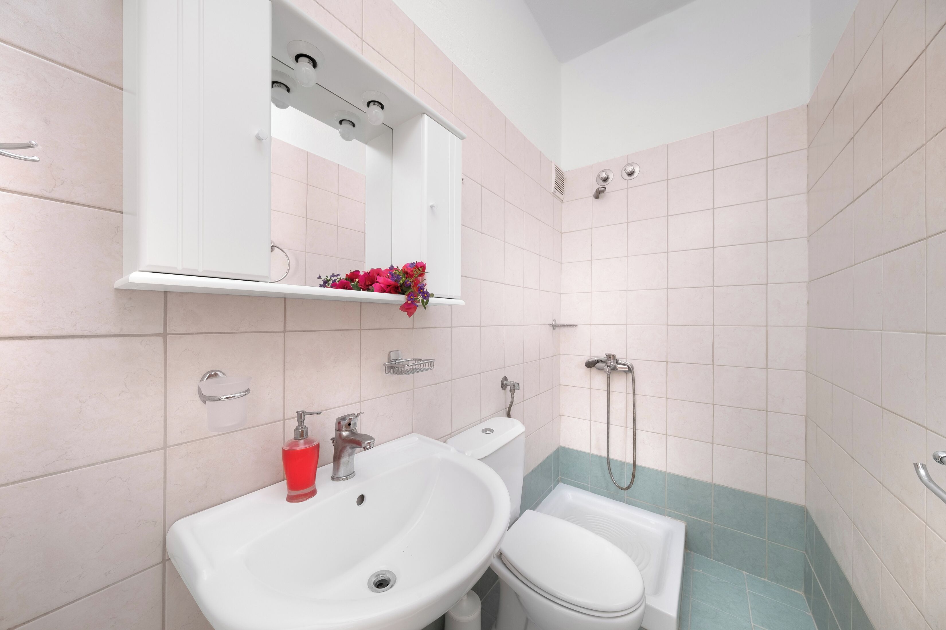 Et badeværelse med hvid vask, toilet, bruser og et spejl over vasken.