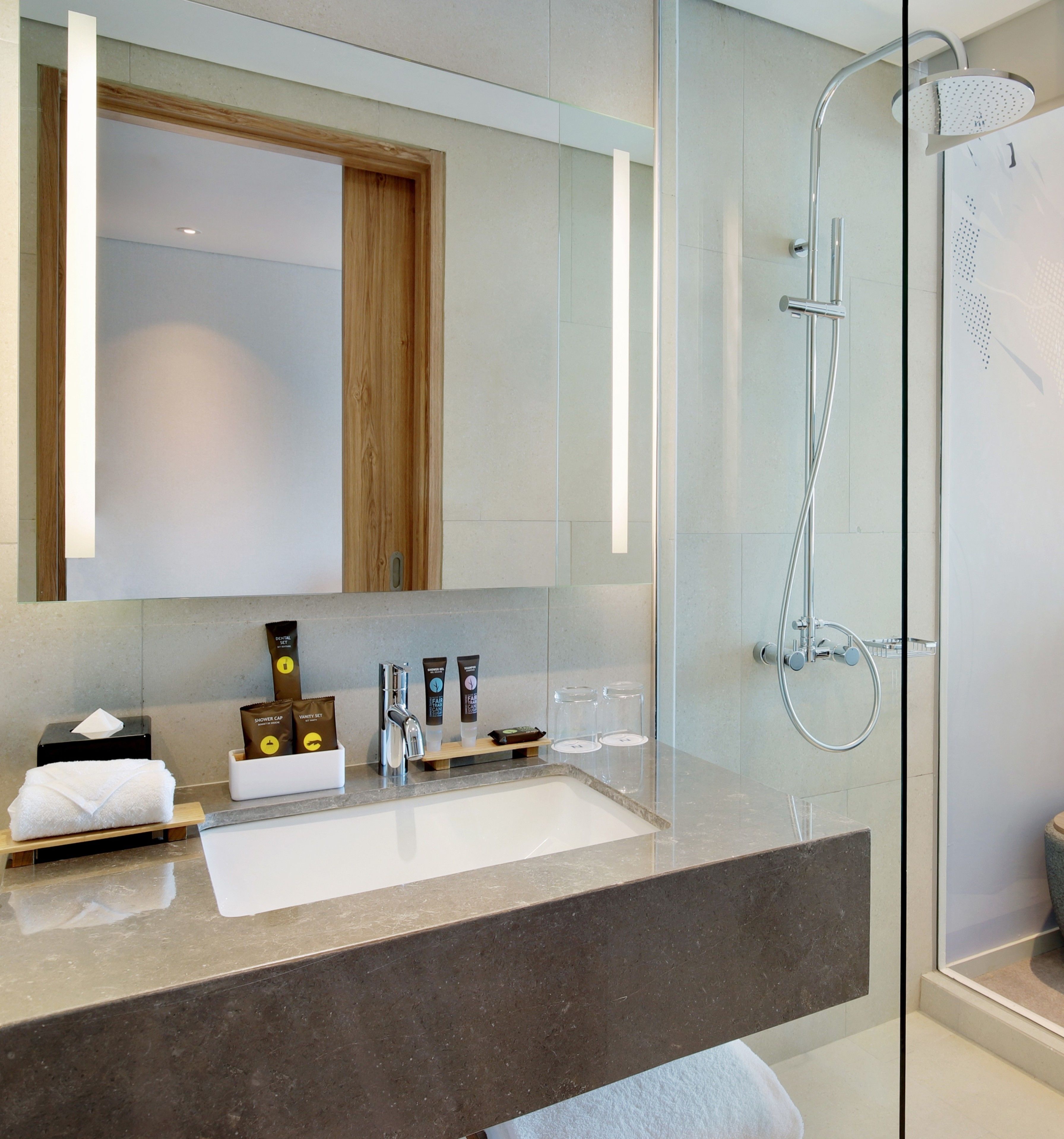 shower, eco-friendly toiletries, hair dryer, bathrobes