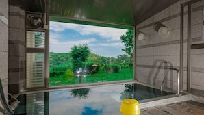 A modern indoor swimming pool with a clear view of a lush green landscape outside. - Manazuru Marin (Manazuru)