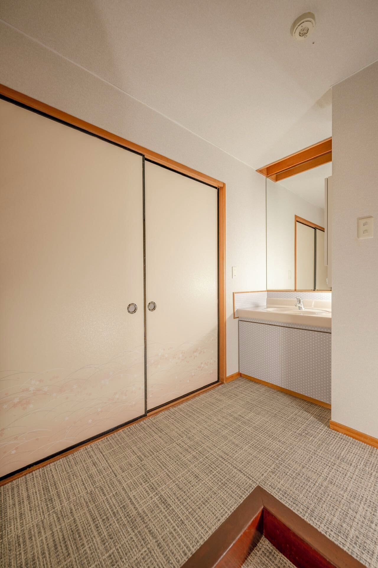Une pièce dotée d’une porte coulissante, d’une salle de bain avec un lavabo et un miroir, et d’un sol recouvert de moquette.