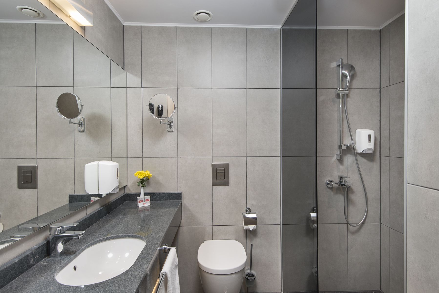 Shower, free toiletries, hair dryer, towels