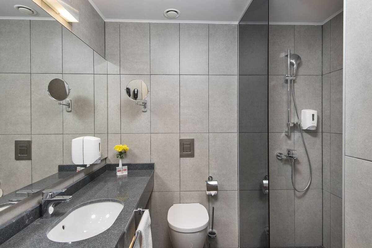 Shower, free toiletries, hair dryer, towels