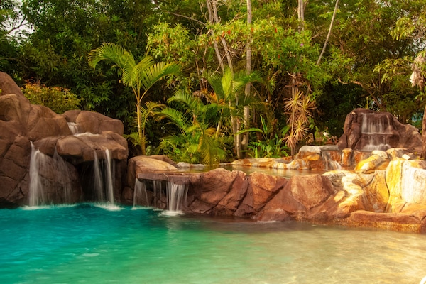 Piscine extérieure, chaises longues