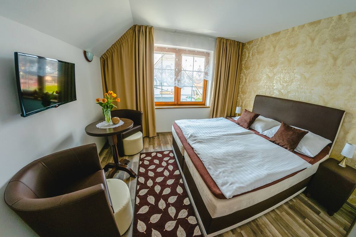 Ett hotellrum med en säng, en tv, en stol, ett litet bord med blommor, ett fönster med gardiner och en mönstrad matta.