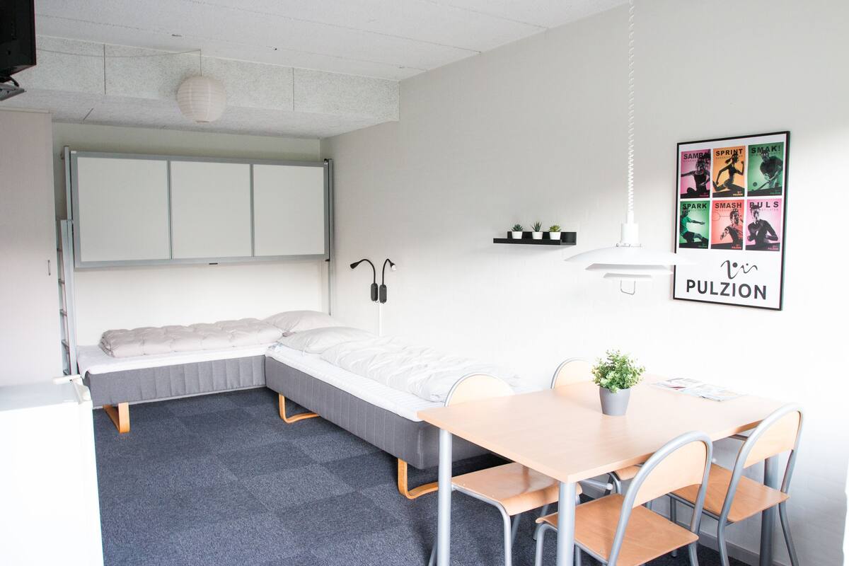 A room with a bed, a desk, chairs, a small table with a plant, a wall-mounted shelf with potted plants, and a poster on the wall.