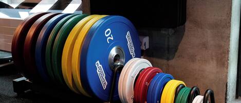 A weightlifting bench with a variety of weight plates arranged in ascending order.