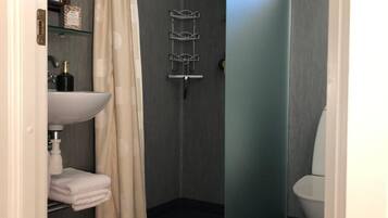 Un baño moderno con ducha, lavamanos e inodoro.