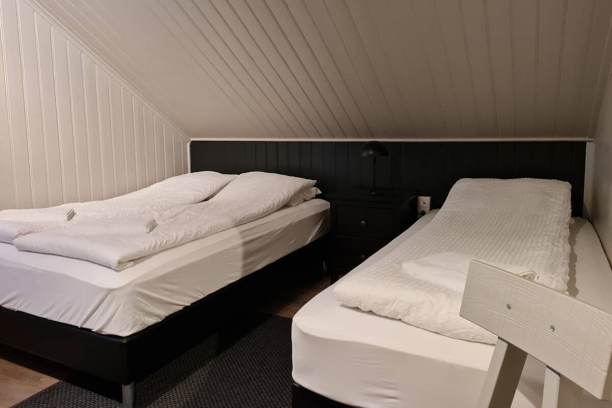 A bedroom with two beds, a nightstand, and a window.
