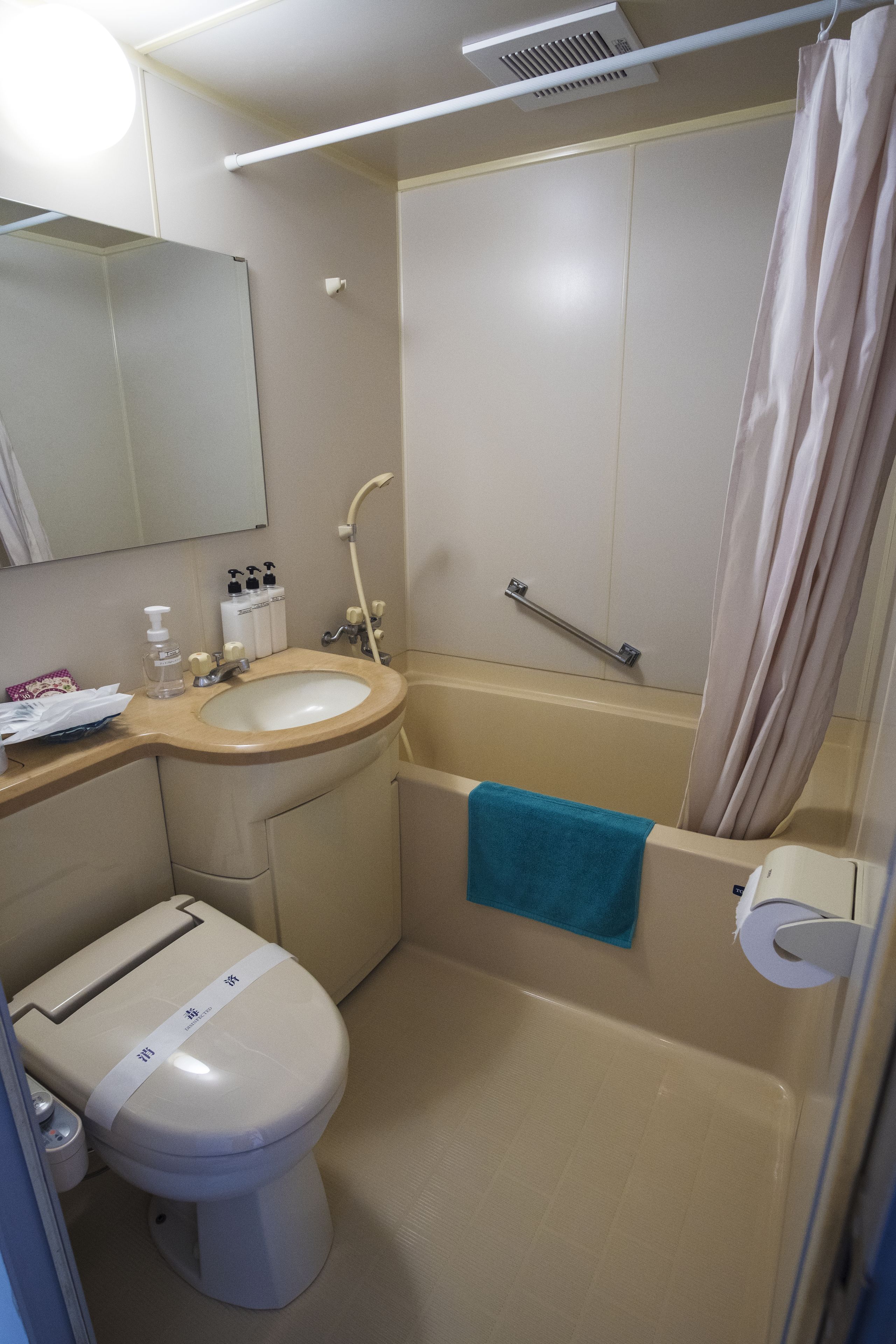 combined shower/bathtub, free toiletries, hair dryer, slippers