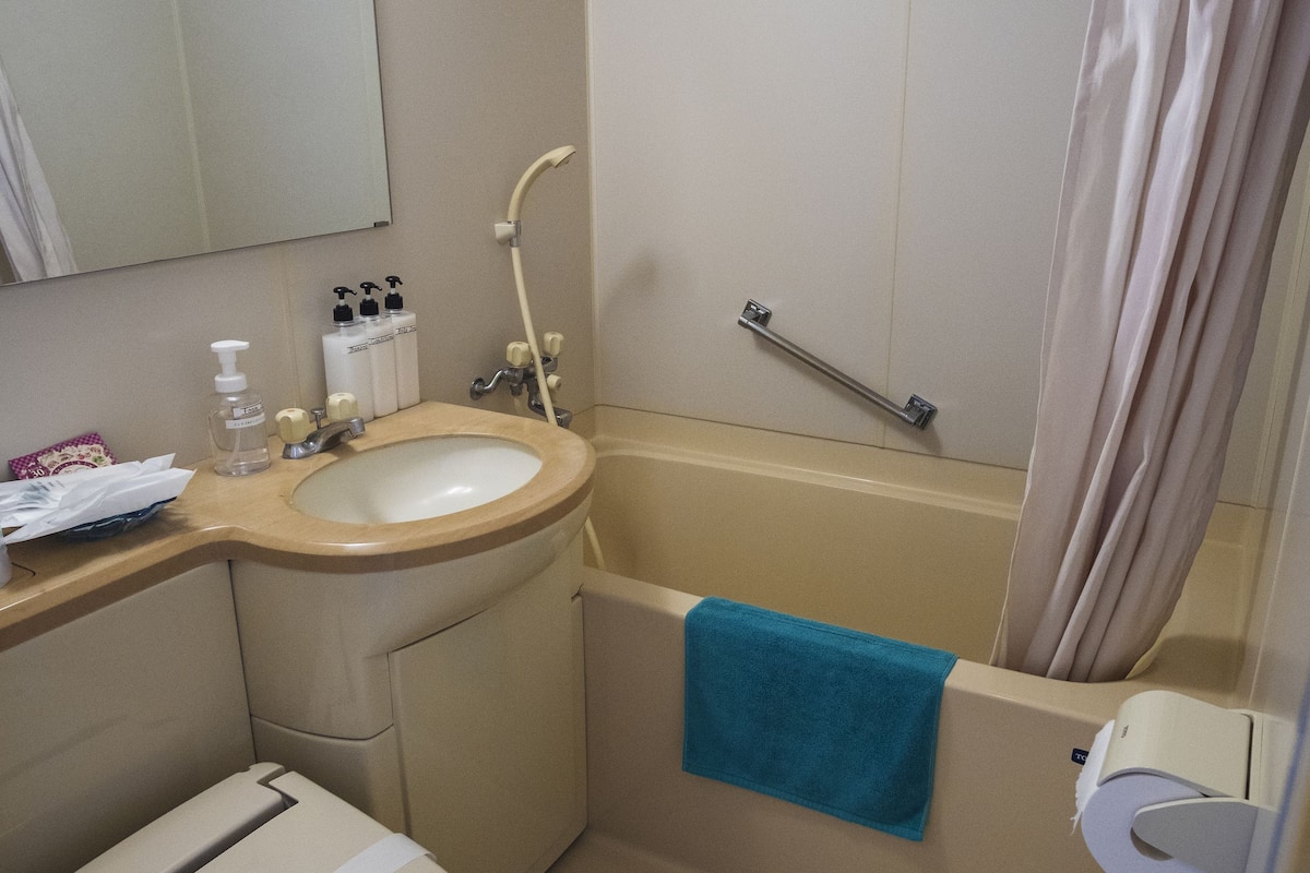 combined shower/bathtub, free toiletries, hair dryer, slippers