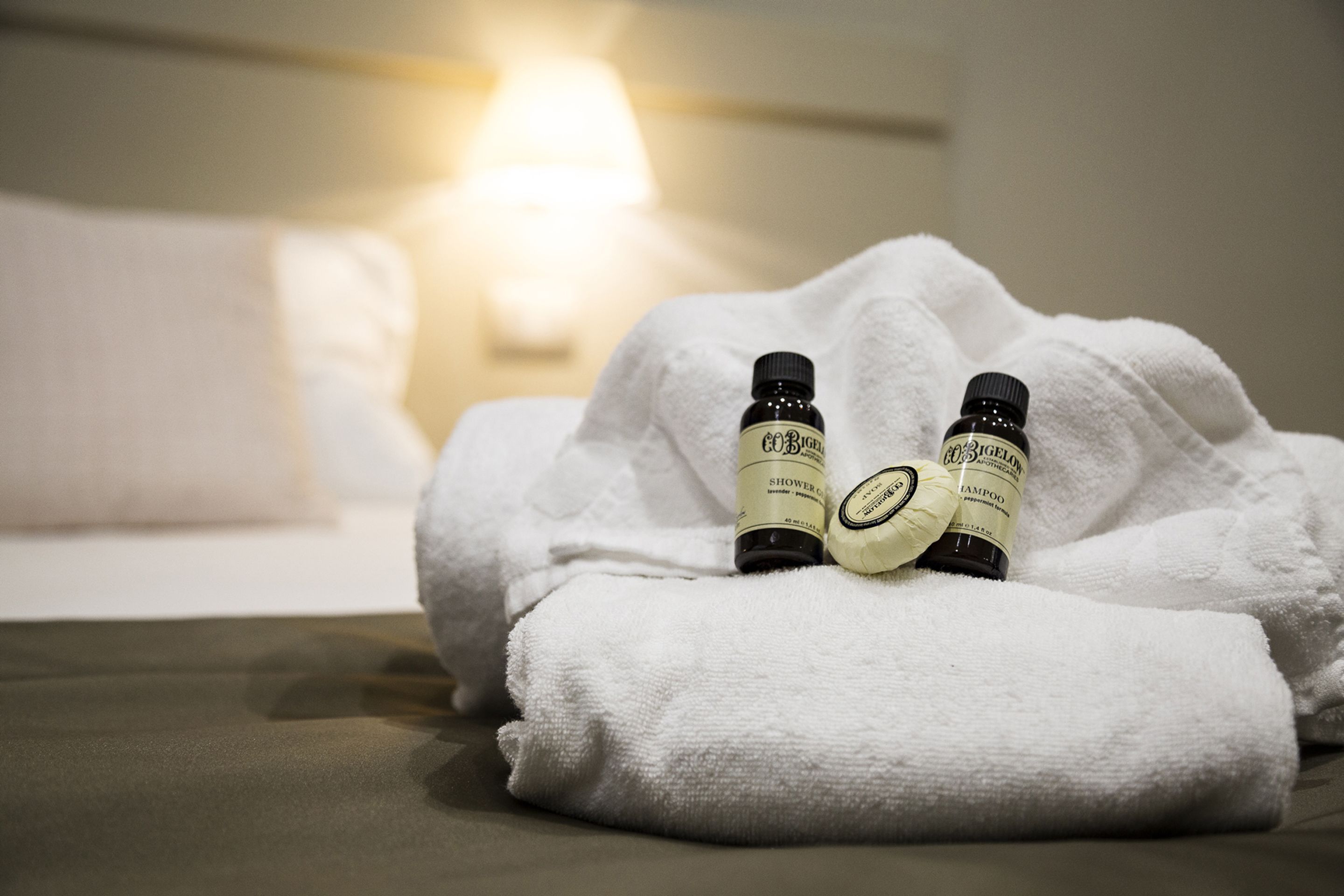 Una toalla blanca doblada con dos botellas de gel de ducha y champú sobre una cama.