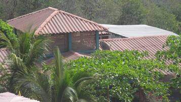 A building with corrugated metal roofs and a satellite dish, surrounded by lush greenery.