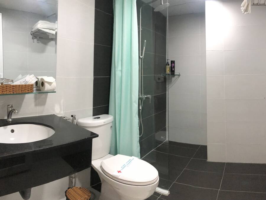 Ein Badezimmer mit einem schwarzen Waschbecken, einer weißen Toilette und einer Duschkabine aus Glas.