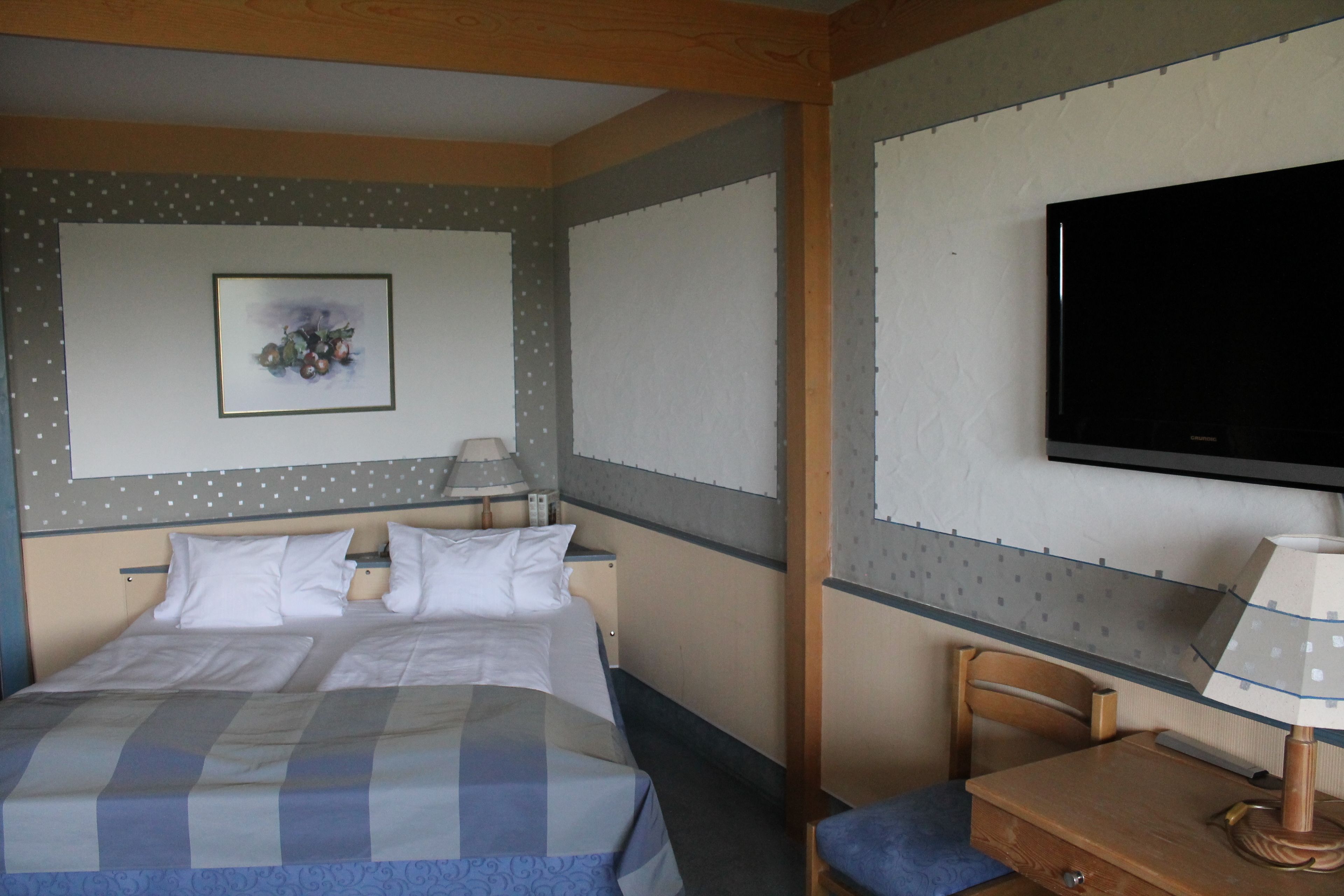 A hotel room with a bed, a desk, a chair, a television, and a framed picture on the wall.