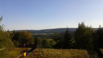 Vista desde un lugar elevado que domina un valle con una colina cubierta de hierba y árboles.