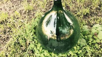 Una botella de vidrio verde sobre césped.