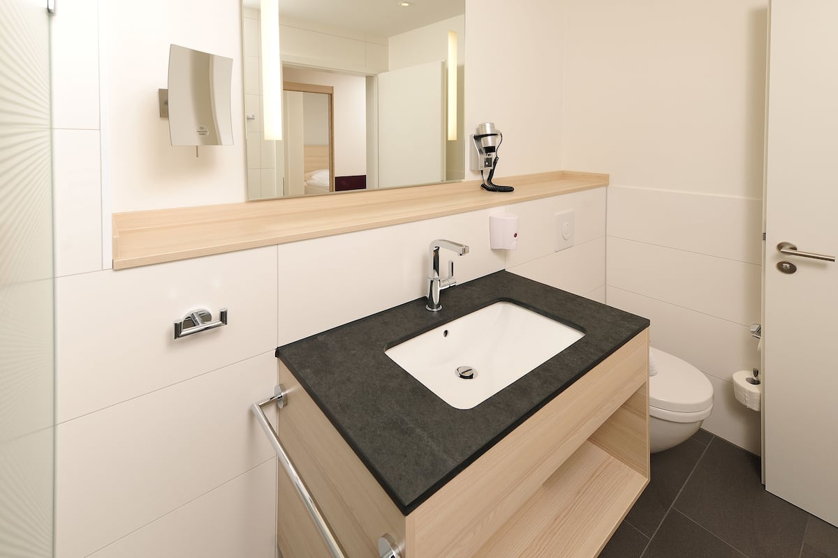 single room | bathroom | shower, hair dryer, towels