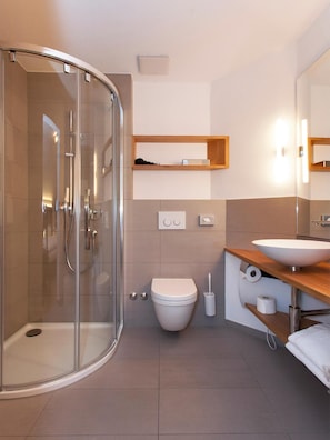 A modern bathroom with a glass-enclosed shower, a toilet, and a sink with a mirror above.