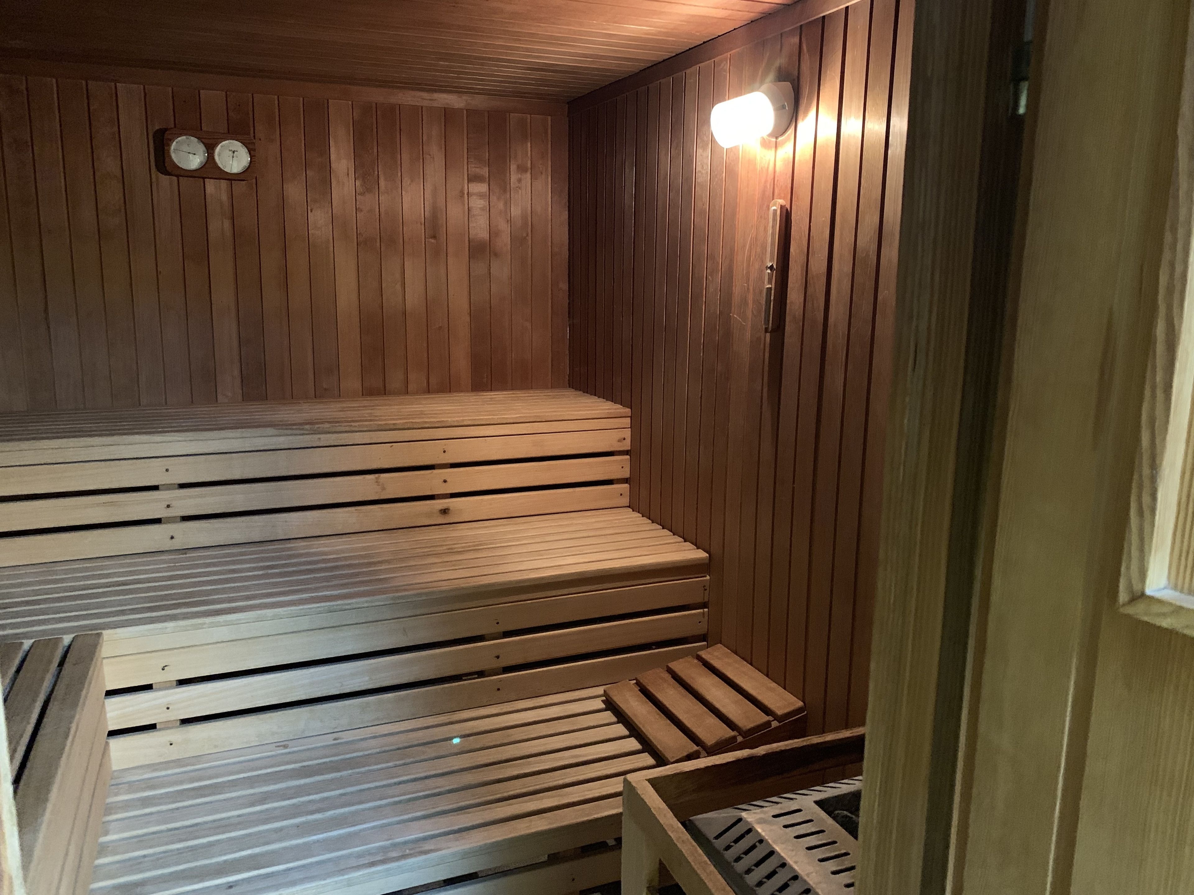 A wooden sauna with benches and a light fixture.