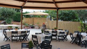 Una terrazza esterna con diversi tavoli e sedie, riparata da un'ampia tettoia.