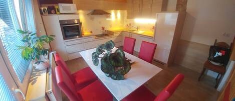 Apartamento luxo, vista para a montanha | Cozinha privada | Geladeira grande, micro-ondas, fogão, cooktop