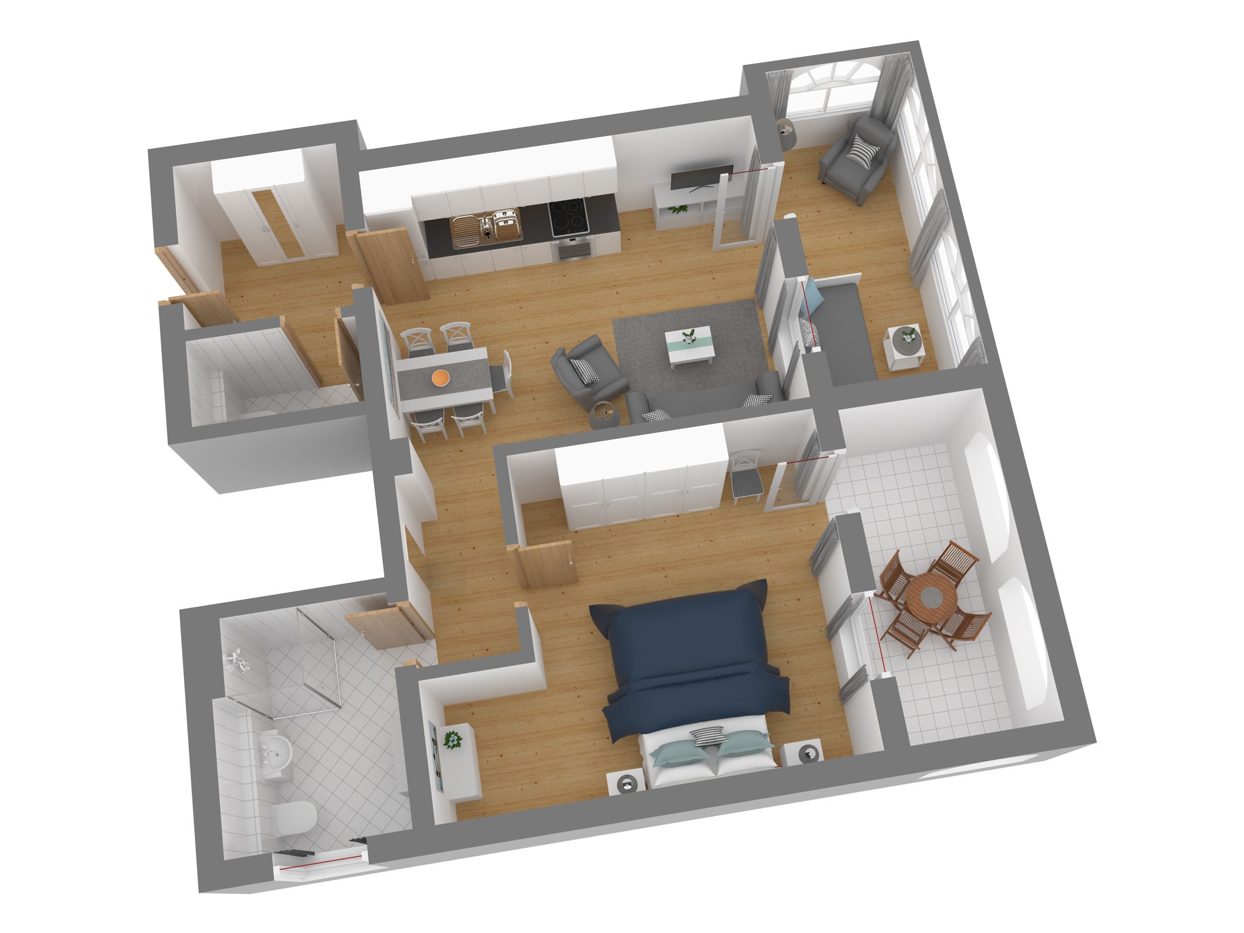 Een 3D-plattegrond van een hotelkamer met een bed, een bureau, een stoel, een klein tafeltje, een bank en een badkamer.