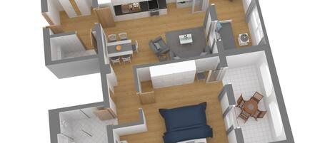 Een 3D-plattegrond van een hotelkamer met een bed, een bureau, een stoel, een klein tafeltje, een bank en een badkamer.